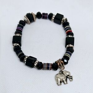 Black Glass Bead & Heishi Bracelet w/ Elephant Charm – Boho Layering Style